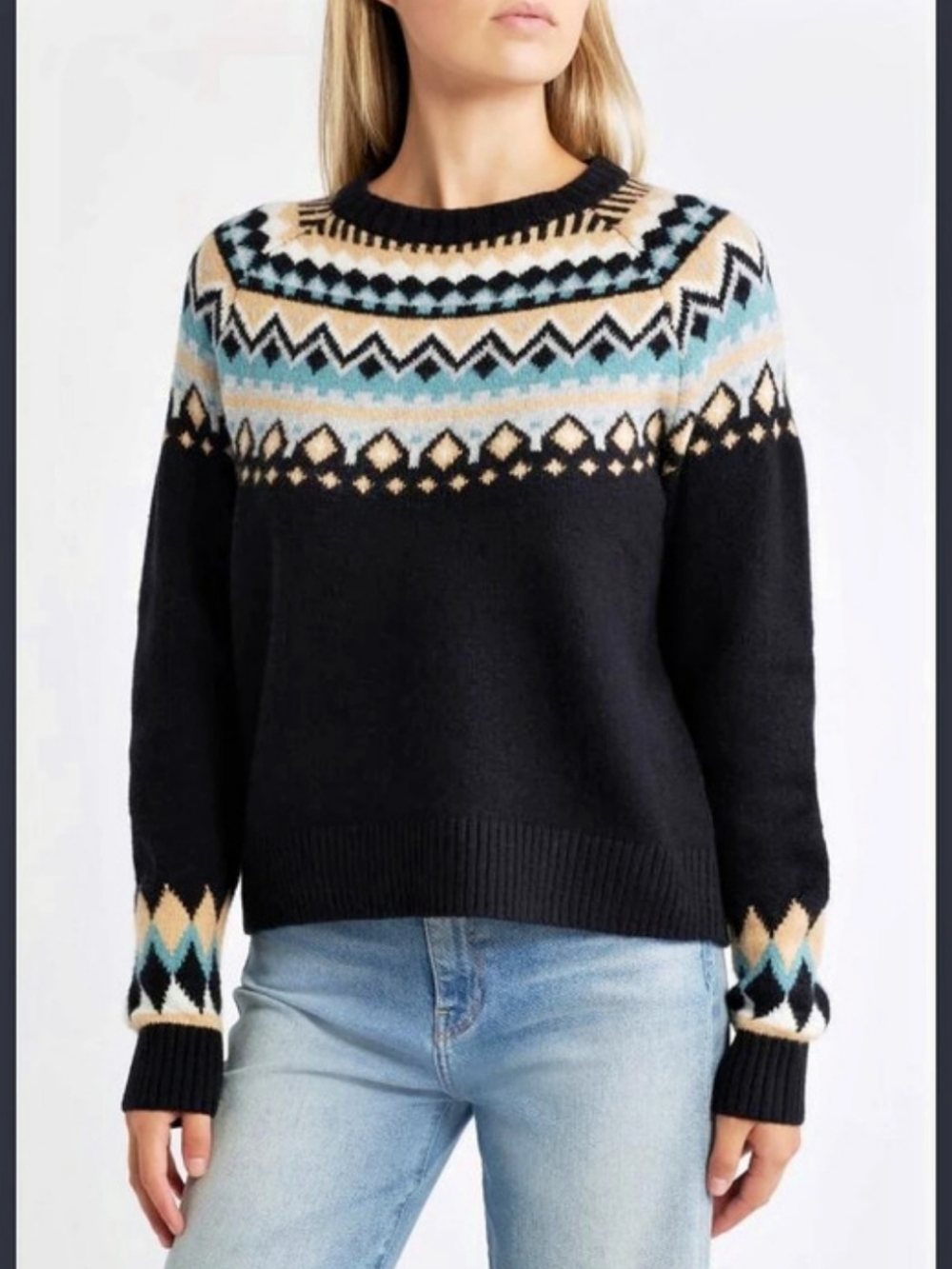 CASLON Geometric Knit Sweater in Black & Blue Size Medium